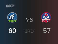  三节战罢，森林狼60-57领先活塞，末节再战 