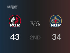  NBA常规赛：半场战罢，开拓者以43-34领先鹈鹕，吕佩尔14分2篮板 