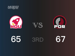  NBA常規(guī)賽：三節(jié)結(jié)束，開拓者以67-65領(lǐng)先火箭，凱萊布·樂福14分4籃板3助攻 