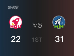  NBA常規(guī)賽：首節(jié)戰(zhàn)罷，森林狼以31- 22領(lǐng)先火箭，貝利7分2籃板2助攻 