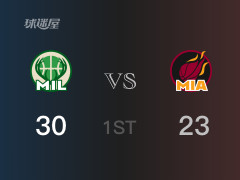 首节结束，雄鹿以30-23领先热火，小波特6分2篮板3助攻