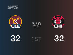 首节战罢，公牛以32- 32战平骑士，吉迪7分3篮板2助攻