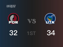 首节战罢，爵士以34- 32领先开拓者，马尔卡宁9分3助攻