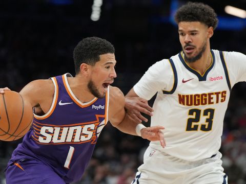 布克vs掘金集锦 投篮手感一般拿到24+7