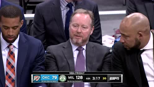 【NBA集锦】赢的已经不忍心了？雄鹿领先雷霆51分主教练表情狰狞