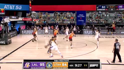 【NBA录像回放】湖人vs爵士第4节 戴维斯干拔3+1一锤定音