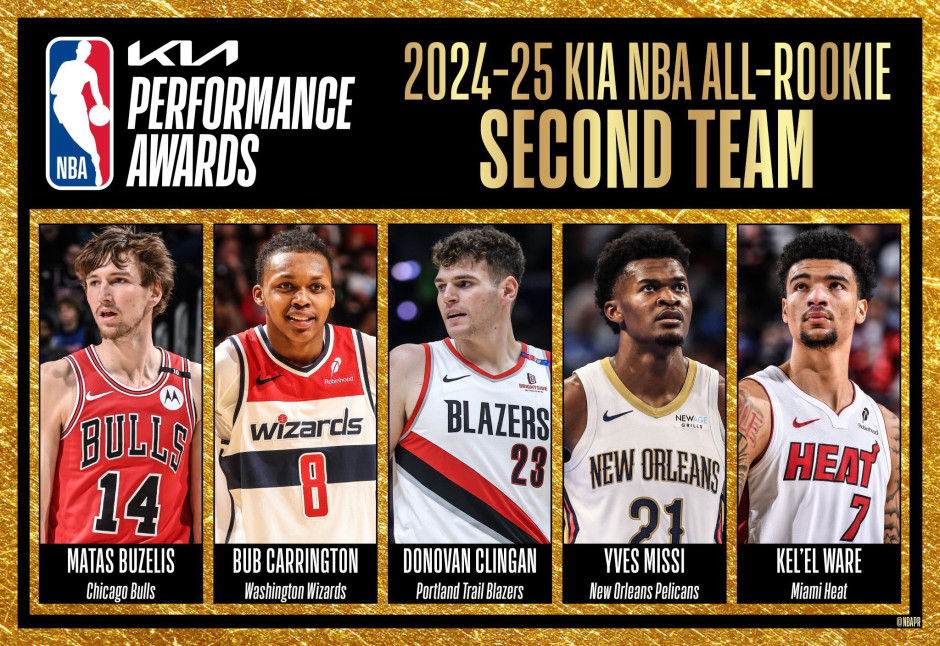 NBA24-25赛季最佳新秀名单出炉！公牛布泽利斯、开拓者克林根领衔！