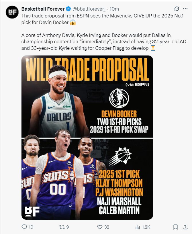 ESPN建议独行侠放弃状元签换布克：弗拉格入太阳 两队媒体都回怼