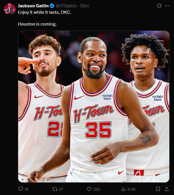 NBA雷霆总冠军 火箭记者：雷霆好好享受吧下赛季我们来了