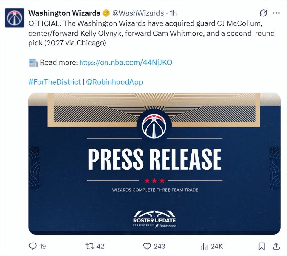 NBA奇才官宣两笔交易达成：欢迎白魔CJ奥利尼克 致谢普尔萨贝组新阵