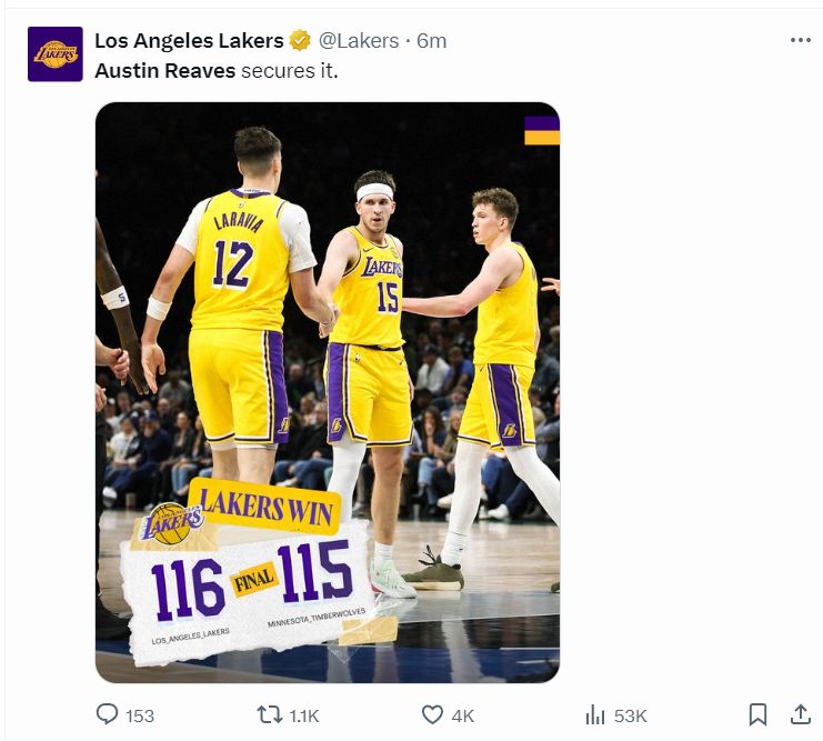 里夫斯绝杀冲上全美第1热搜：魔术师直言英雄 湖媒/东契奇都赞山羊