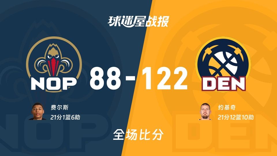 NBA常规赛：掘金以122-88战胜鹈鹕，约基奇21+12+10