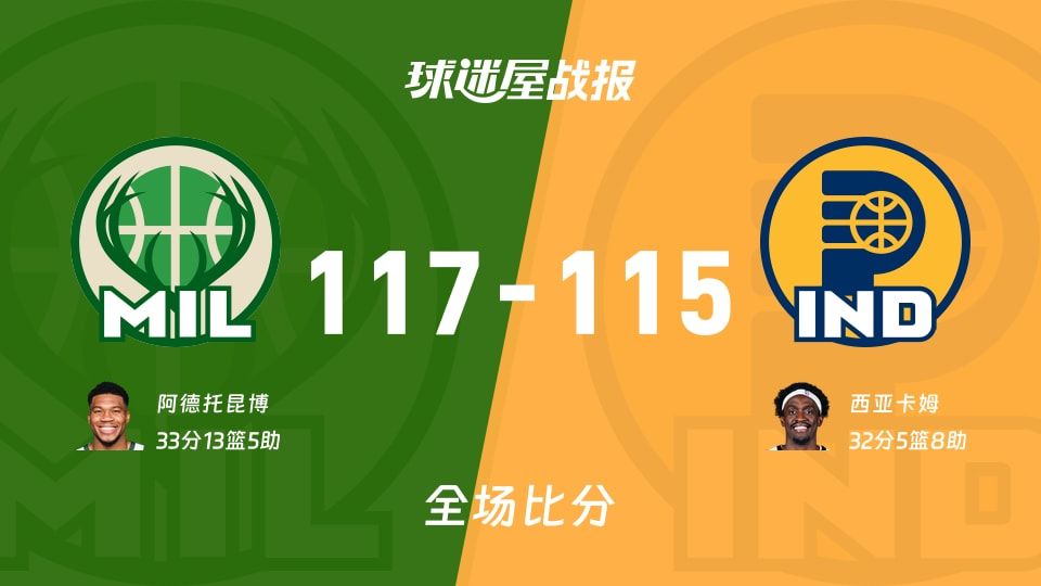 NBA常规赛：阿德托昆博33+13+5，雄鹿以117-115战胜步行者