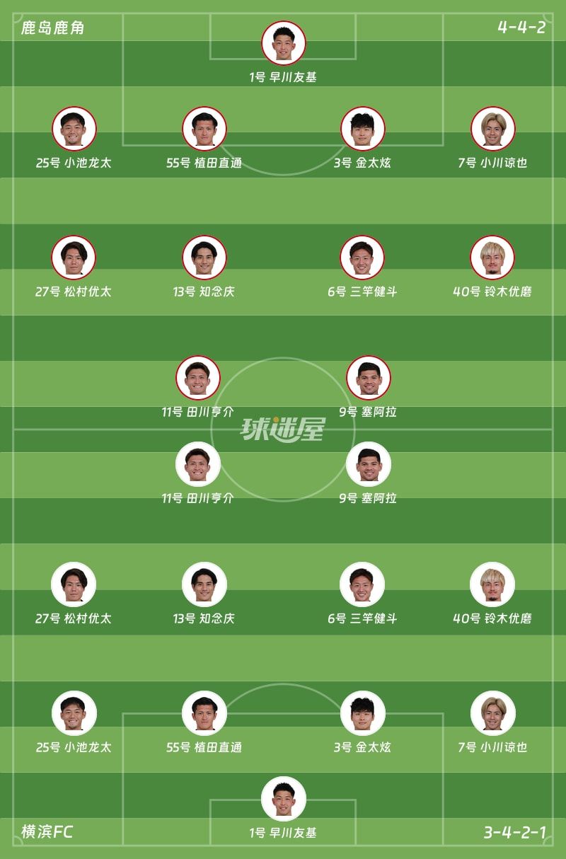 鹿岛鹿角vs横滨FC首发阵容