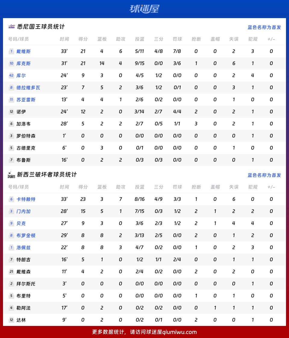 悉尼国王vs新西兰破坏者球员数据