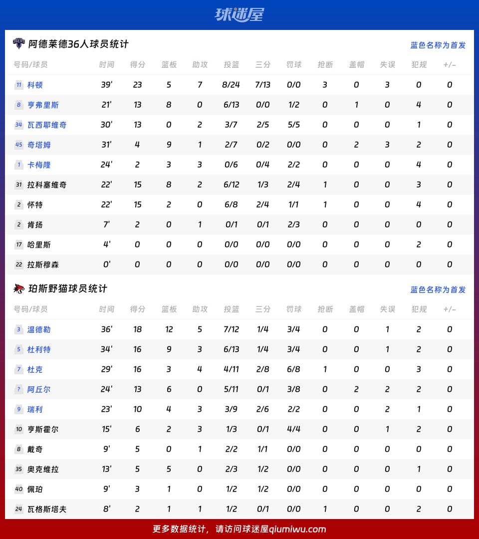 阿德莱德36人vs珀斯野猫球员数据