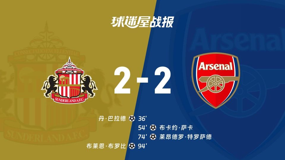 【英超】桑德兰vs阿森纳比赛结果:桑德兰(2-2)阿森纳比分战报(2025年11月09日)
