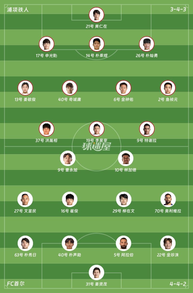 浦项铁人vsFC首尔首发阵容