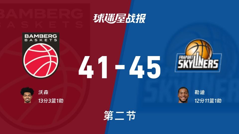 保罗沙vs法兰克福:半场战罢,保罗沙41-45法兰克福,沃森得到13分