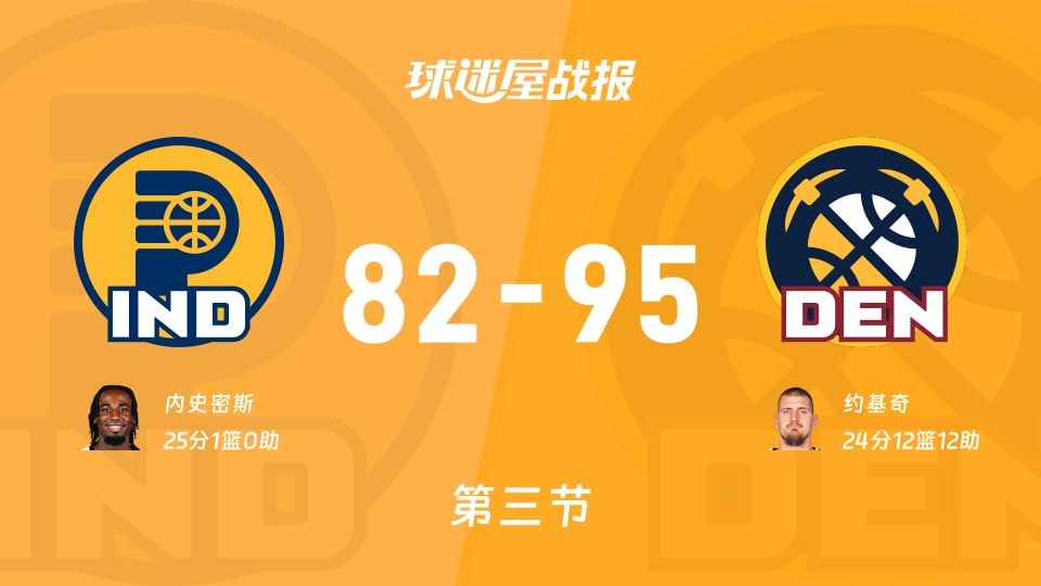 步行者vs掘金：第三节完，步行者82-95掘金，内史密斯得到25分
