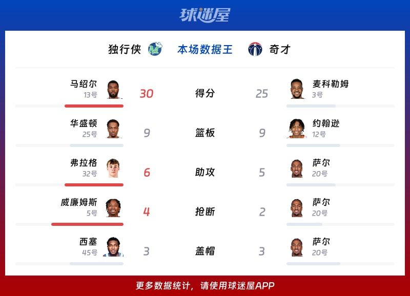 独行侠vs奇才各项最佳