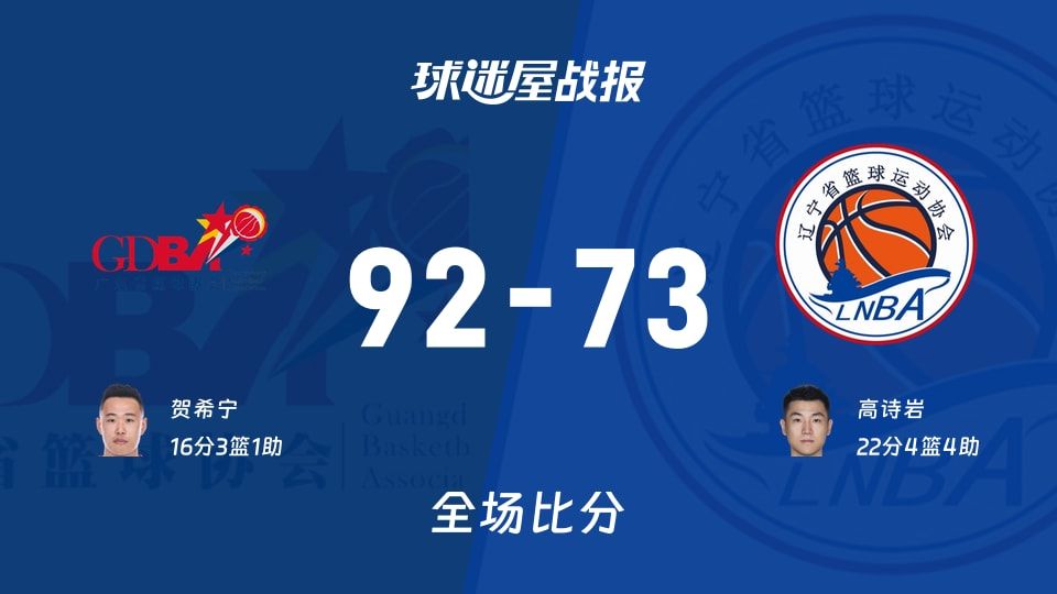 全运男篮广东vs辽宁战报：92-73，贺希宁16+3+1