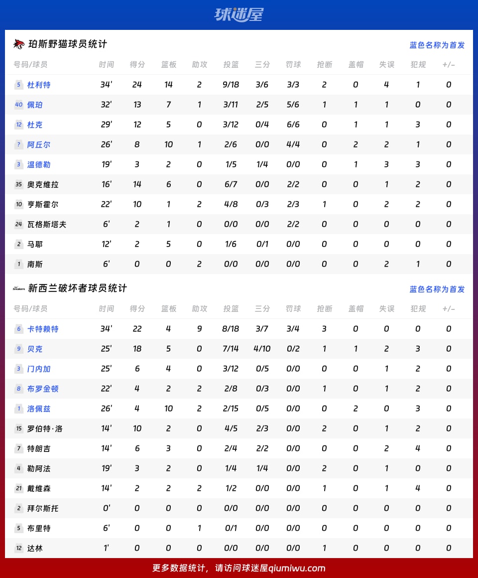 珀斯野猫vs新西兰破坏者球员数据