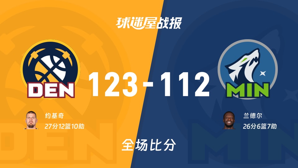 NBA常规赛：掘金以123-112战胜森林狼，约基奇27+12+10