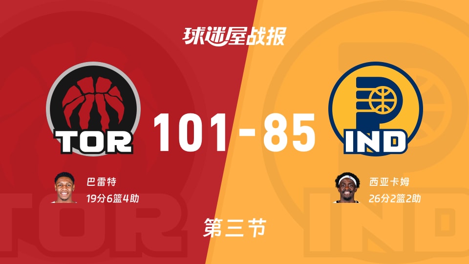 NBA常规赛:三节战罢,猛龙以101-85领先步行者,巴雷特19+6+4