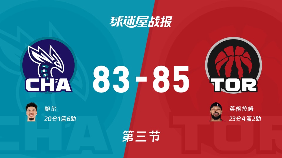 黄蜂vs猛龙：第三节完，黄蜂83-85猛龙，英格拉姆得到23分