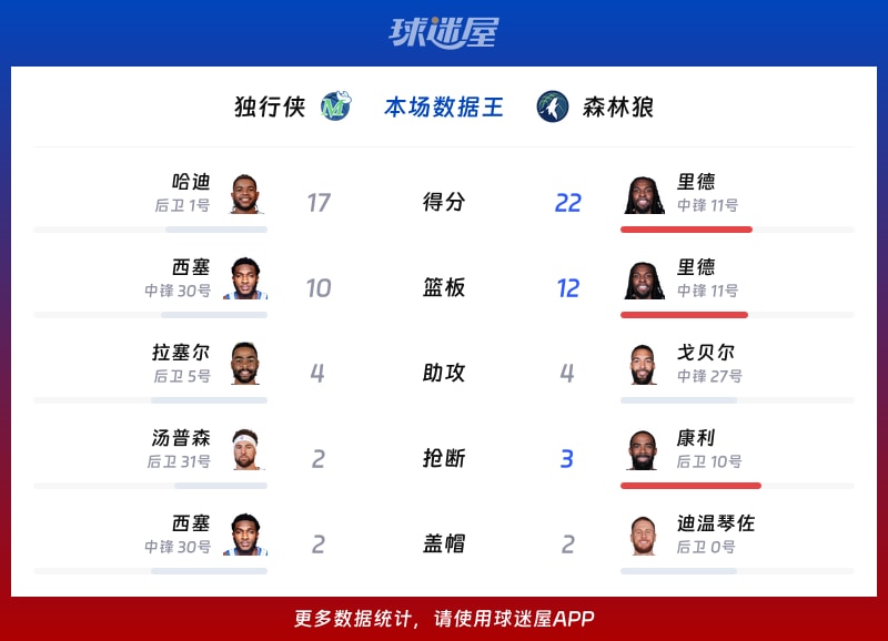 独行侠vs森林狼各项最佳