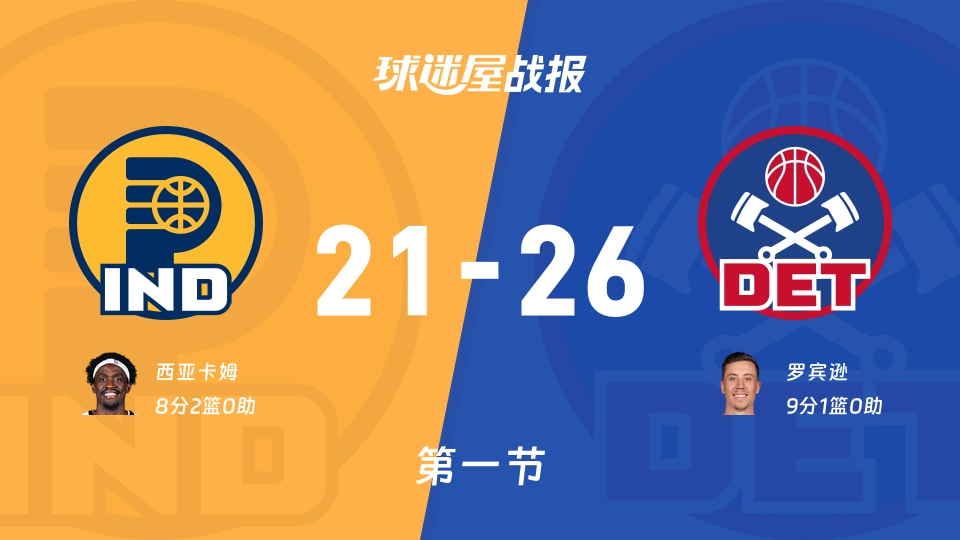 步行者vs活塞:首节战罢,步行者21-26活塞,罗宾逊得到9分