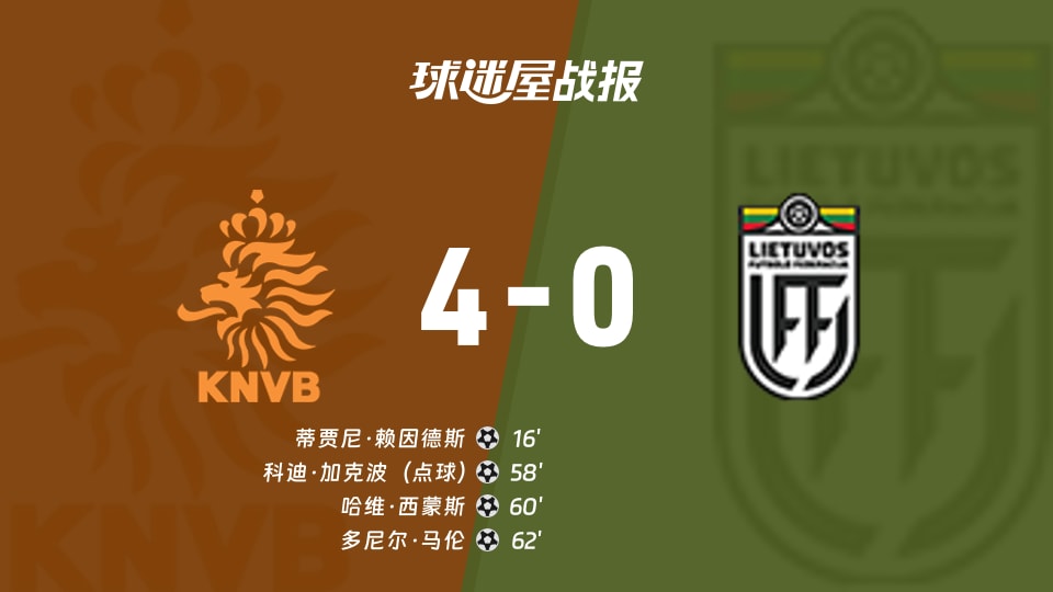 【世欧预】荷兰vs立陶宛比赛结果：荷兰(4-0)立陶宛比分战报(2025年11月18日)