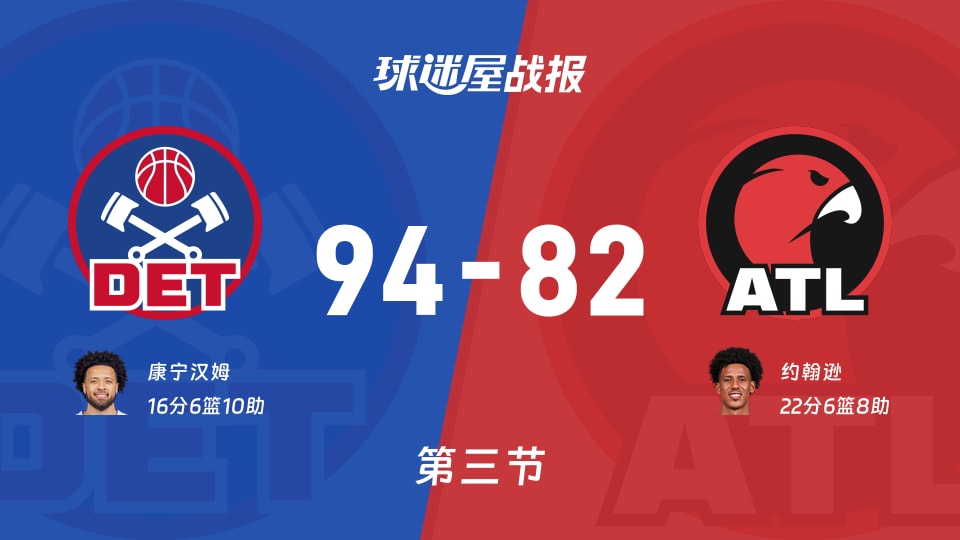 活塞vs老鹰:三节战罢,活塞94-82老鹰,约翰逊得到22分