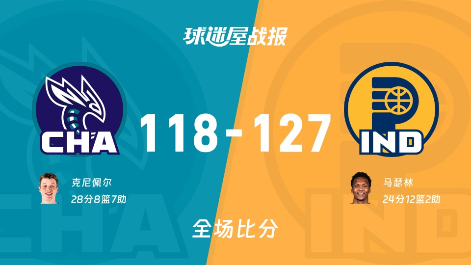 NBA黄蜂vs步行者战报:118-127,马瑟林24+12+2