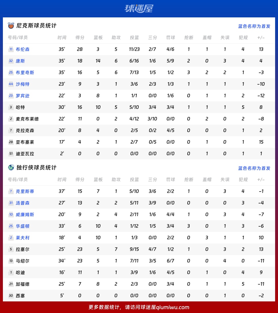 尼克斯vs独行侠球员数据