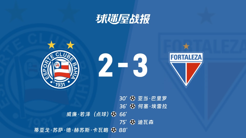 【巴西甲】巴伊亚vs福塔雷萨比赛结果:巴伊亚(2-3)福塔雷萨比分战报(2025年11月21日)