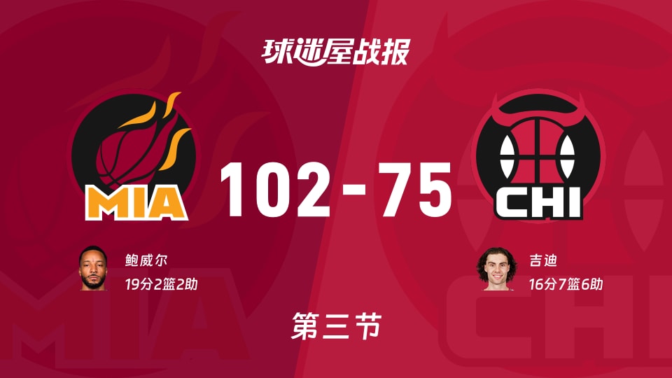 热火vs公牛：三节战罢，热火102-75公牛，鲍威尔得到19分