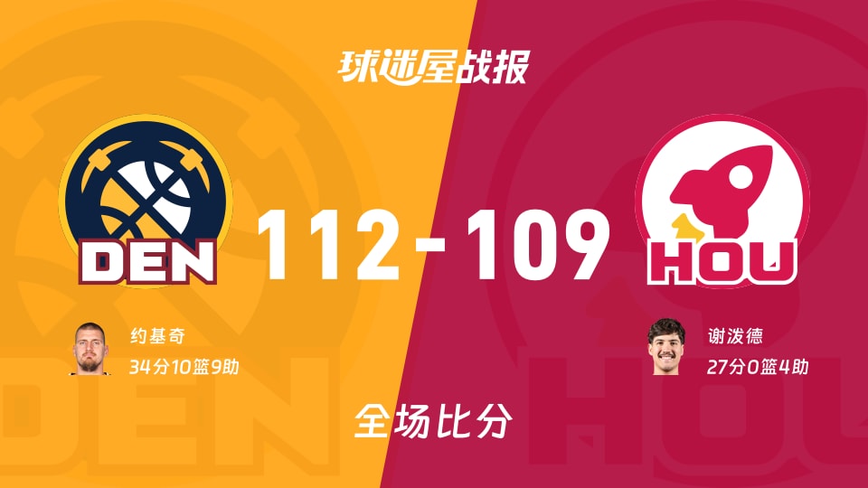 NBA常规赛:约基奇34+10+9,掘金以112-109战胜火箭