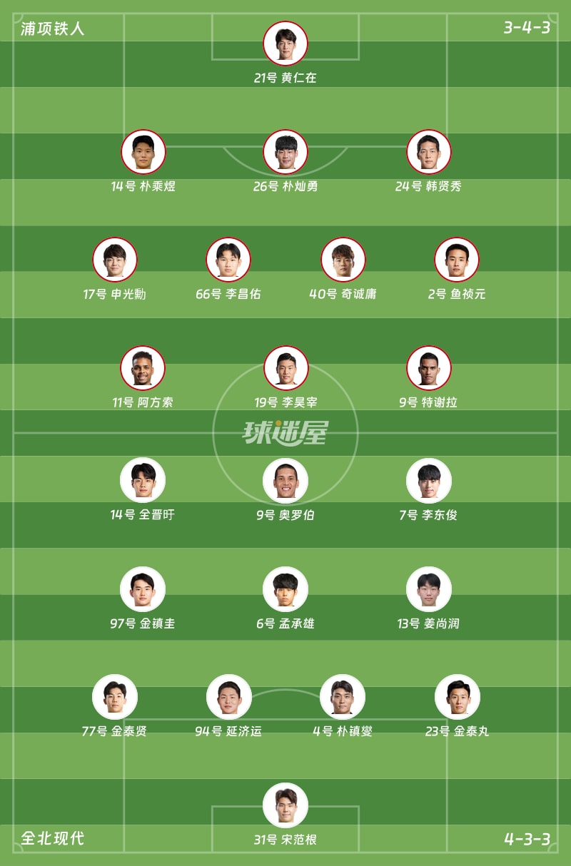 浦项铁人vs全北现代首发阵容