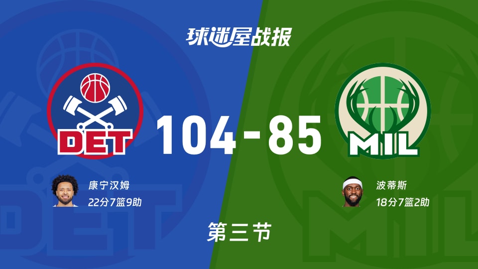 NBA常规赛：三节战罢，活塞以104-85领先雄鹿，康宁汉姆22+7+9