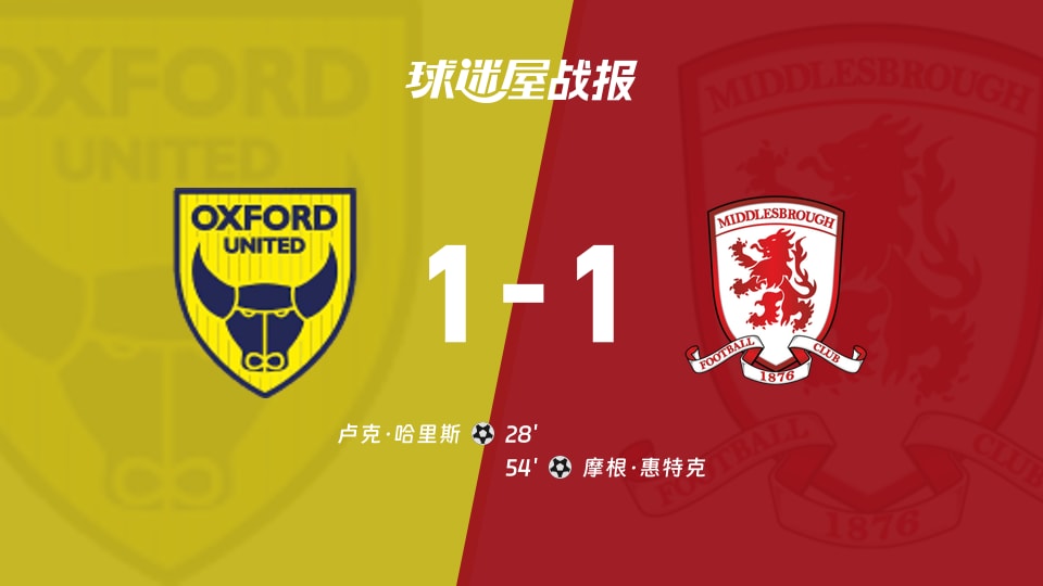 【英冠】牛津联vs米德尔斯堡比赛结果：牛津联(1-1)米德尔斯堡比分战报(2025年11月22日)