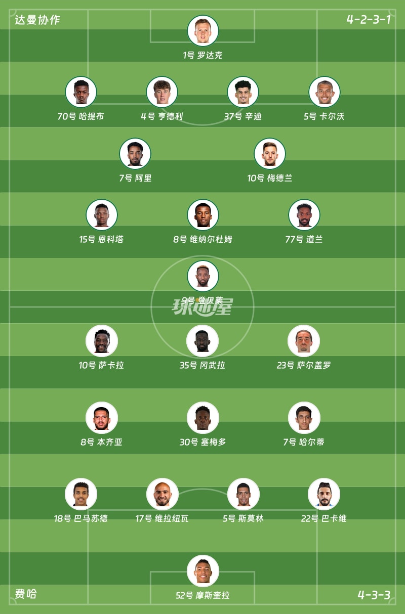 达曼协作vs费哈首发阵容