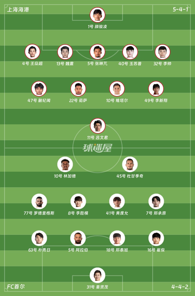 上海海港vsFC首尔首发阵容