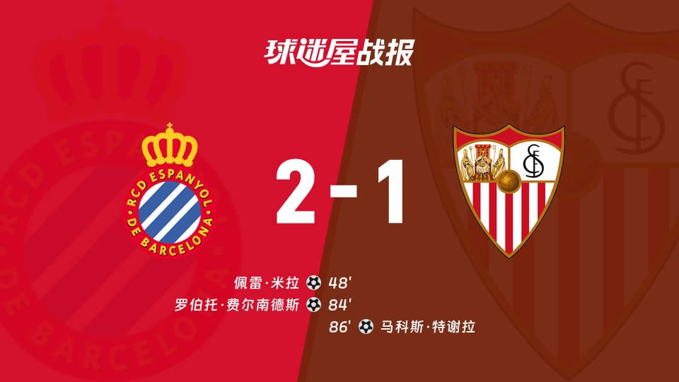 【西甲】西班牙人vs塞维利亚比赛结果：西班牙人(2-1)塞维利亚比分战报(2025年11月25日)