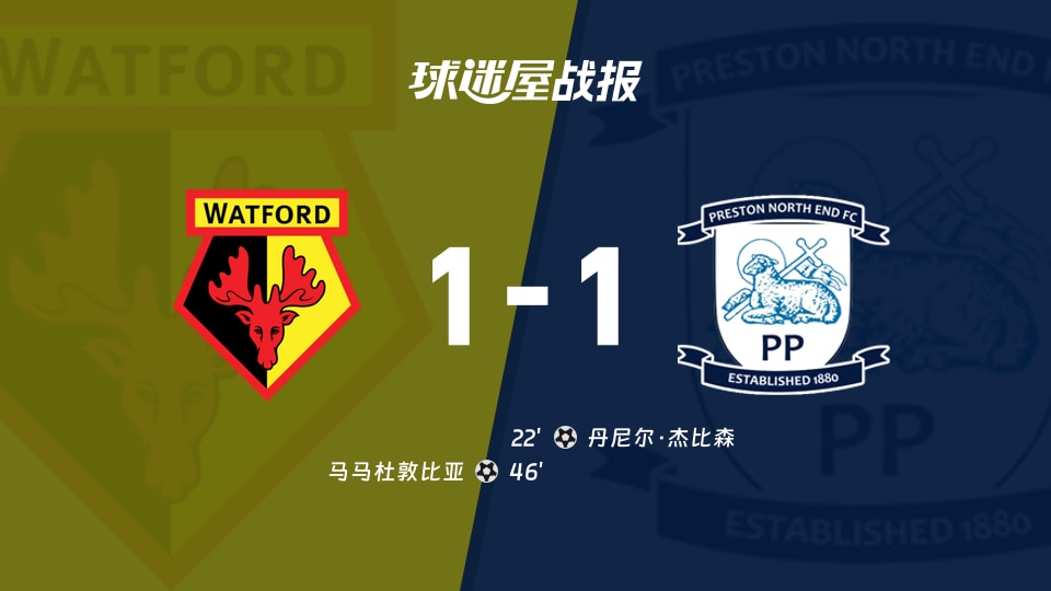 【英冠】沃特福德vs普雷斯顿比赛结果：沃特福德(1-1)普雷斯顿比分战报(2025年11月26日)