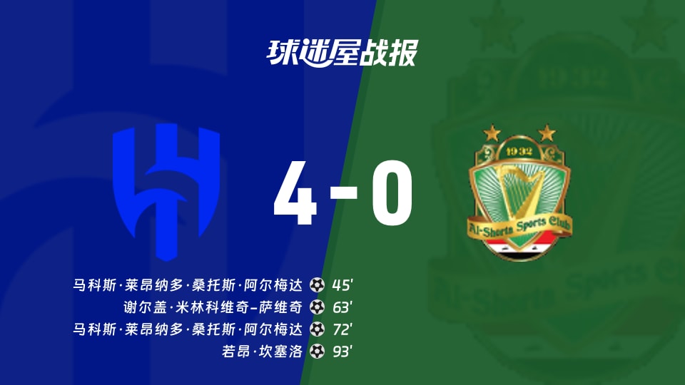 【亚精英赛】利雅得新月vs巴格达警察比赛结果：利雅得新月(4-0)巴格达警察比分战报(2025年11月26日)