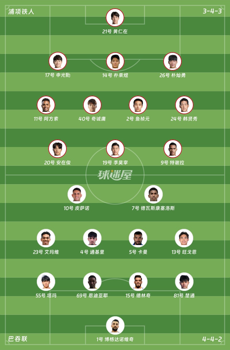 浦项铁人vs巴吞联首发阵容