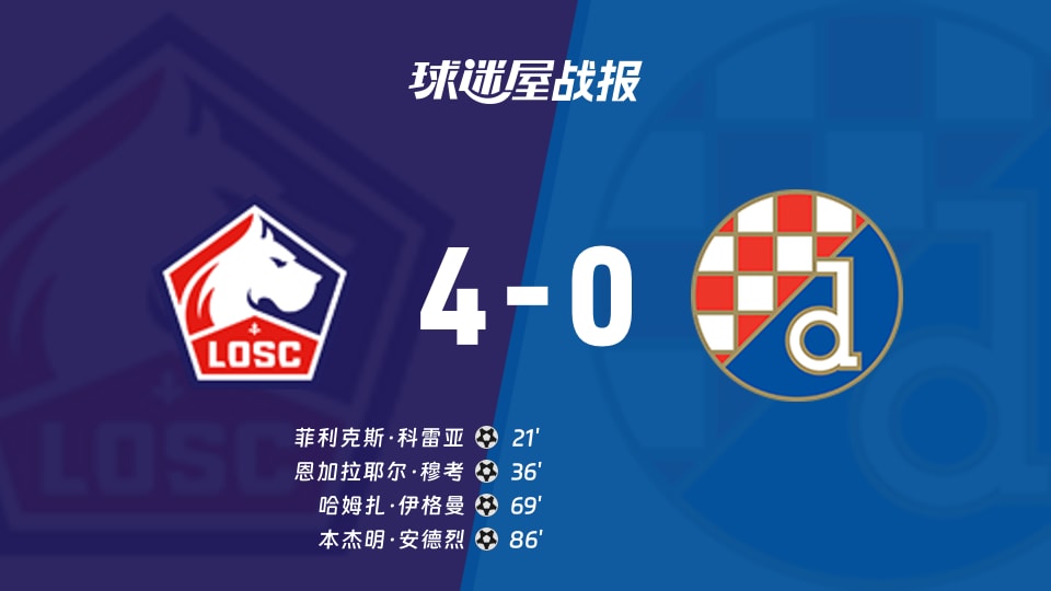 【欧联】里尔vs萨格勒布迪纳摩比赛结果：里尔(4-0)萨格勒布迪纳摩比分战报(2025年11月28日)