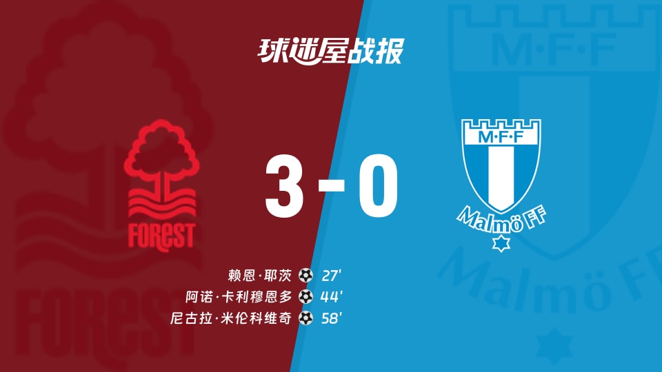 【欧联】诺丁汉森林vs马尔默比赛结果:诺丁汉森林(3-0)马尔默比分战报(2025年11月28日)
